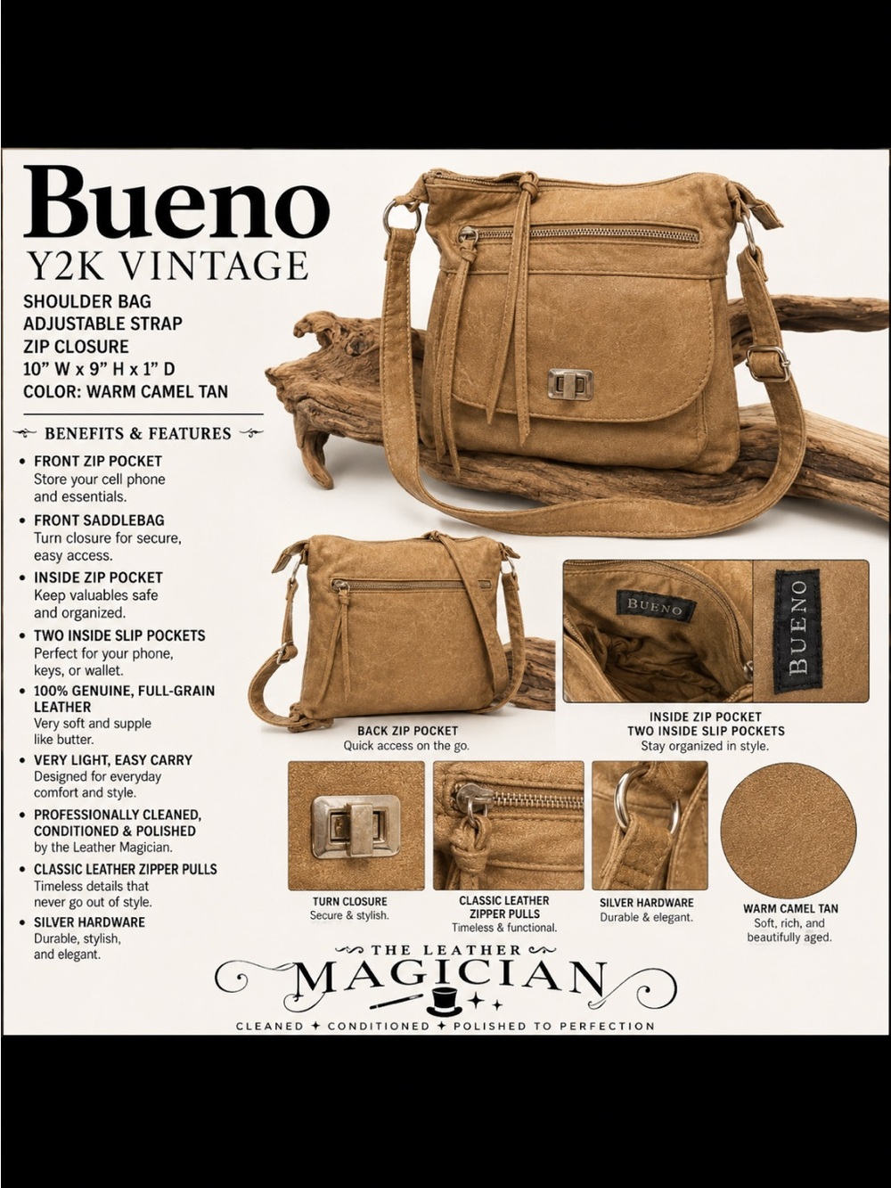 Bueno Y2K Vintage Camel Tan Leather Crossb Shoulder Bag Soft Full-Grain Leather